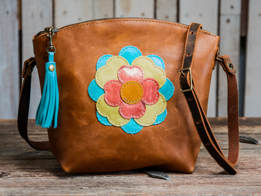 Ready to Ship | Handmade Leather Krista clover medallion | Curved small Zipper Bag | T7