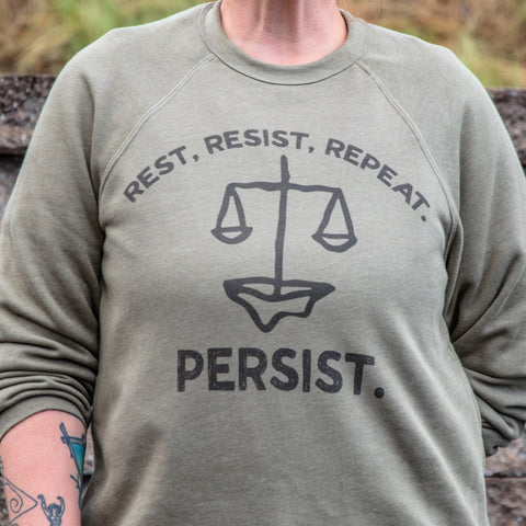 Handprinted Sweatshirt | Rest Resist Persist | Unisex Tri-Blend |  Olive