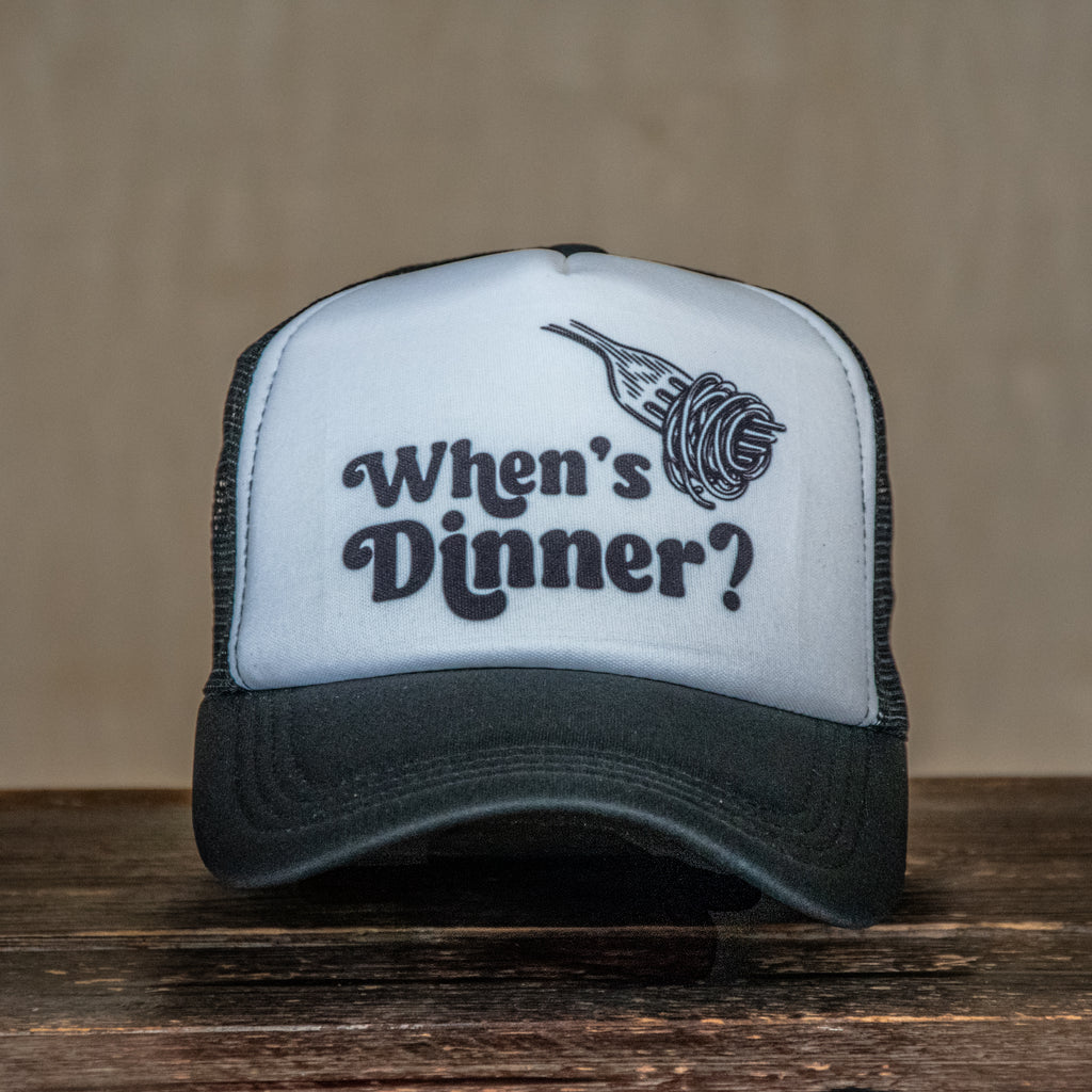 Ready to Ship | Trucker Hat | Hand Printed | When's Dinner? | Black Hat