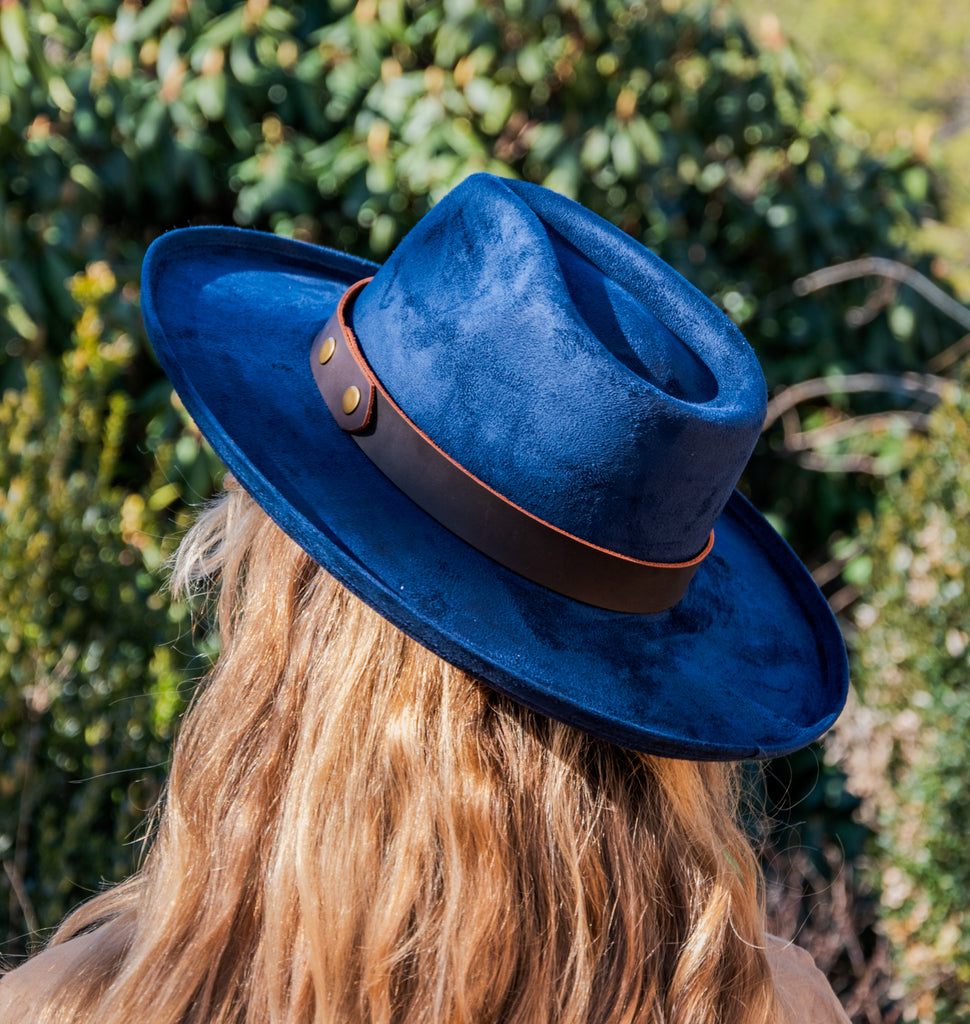Pencil Curl Stiff Brim Fedora Hat with Leather Hat Band | The Modern Cactus Co | Navy