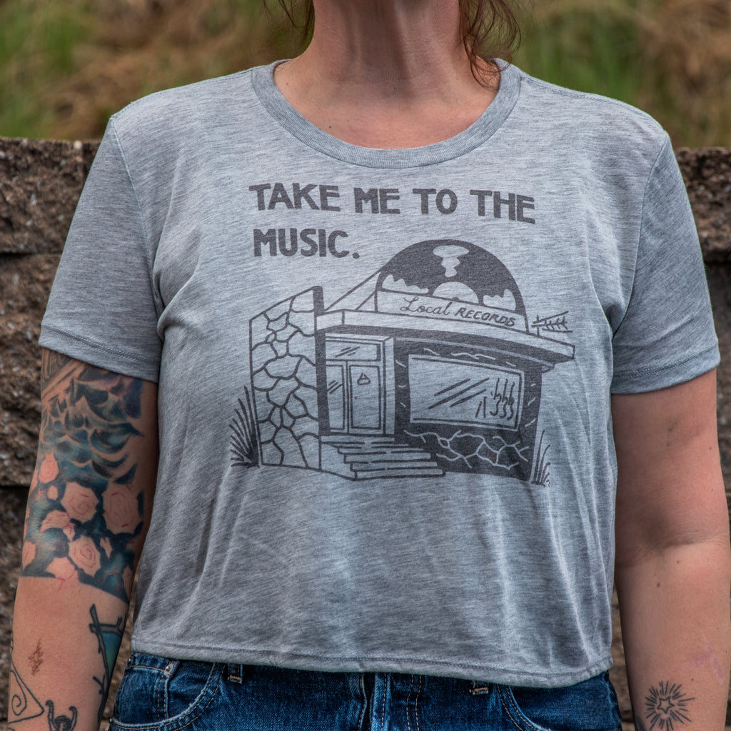 Handprinted Made in USA T-shirt | Take me to the music | Heather Grey Crop