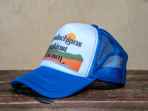 Trucker Hat | Hand Printed | Appalachians Against Fascism | OG Blue