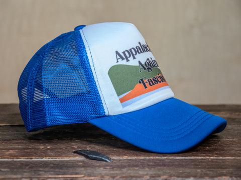 Trucker Hat | Hand Printed | Appalachians Against Fascism | OG Blue