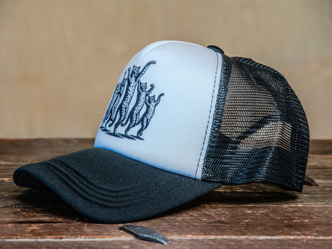 Trucker Hat | Hand Printed | Dancing Cats | Black Hat