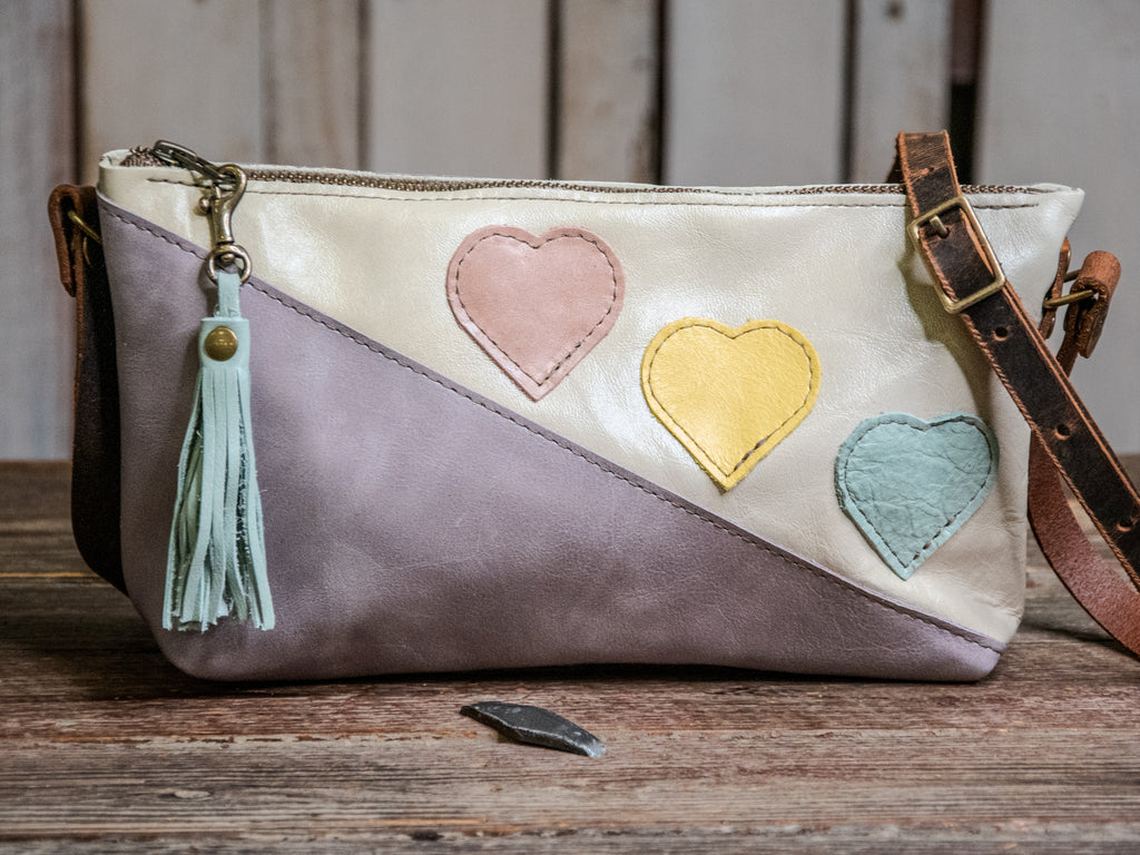 ready to ship | Small Handmade Leather Crossbody Zipper Bag | Pastel heart Mini zip | U5