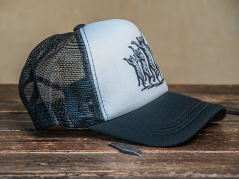 Trucker Hat | Hand Printed | Dancing Cats | Black Hat