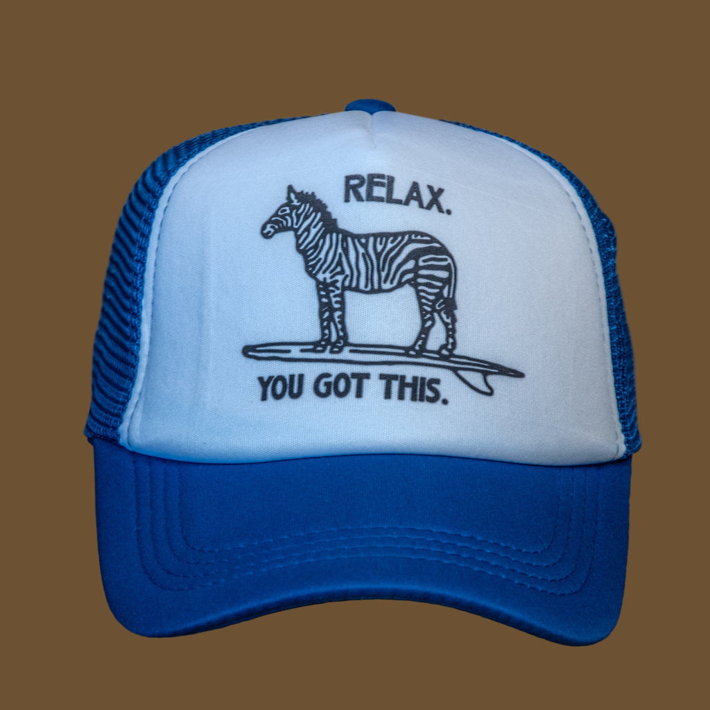 Trucker Hat | Hand Printed | Relax Zebra | Blue