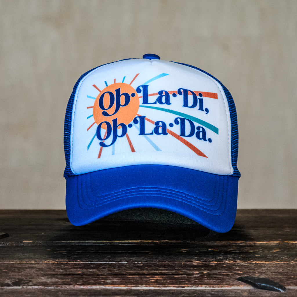 Ready to Ship | Trucker Hat | Hand Printed | Ob-la-di Ob-la-da | Blue Hat