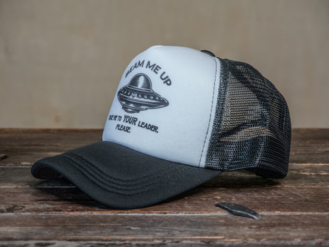 Trucker Hat | Hand Printed | Beam Me Up | Black