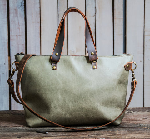 LIMITED RUN | Eco-Friendly Handmade Leather Tote Bag | sage stripes Bowler | Fully loaded | ONLY A FEW AVAILABLE