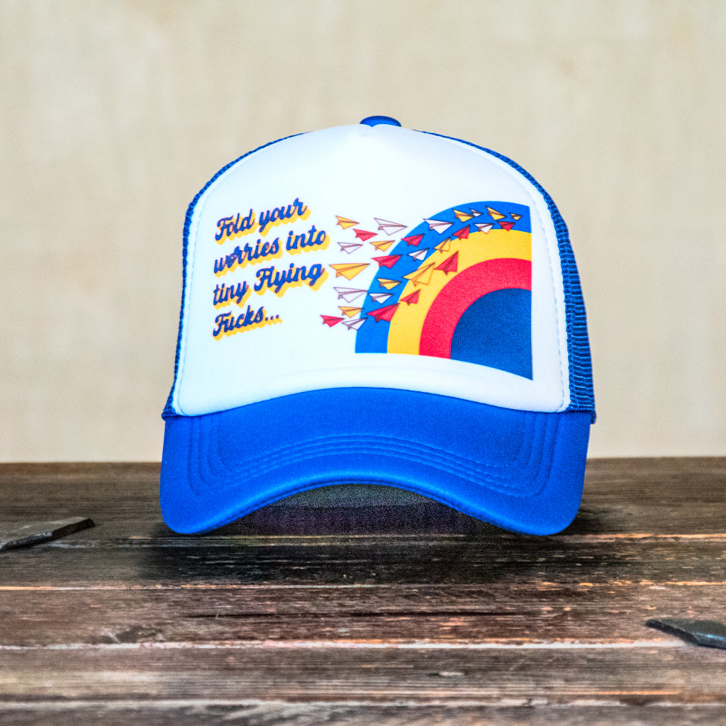 Ready to Ship | Trucker Hat | Hand Printed | Flying Worries Paper Planes | Blue Hat