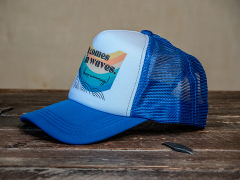 Trucker Hat | Hand Printed | It Comes in Waves | Blue