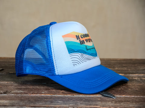 Trucker Hat | Hand Printed | It Comes in Waves | Blue