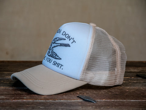Trucker Hat | Hand Printed | Women Don't Owe You Shit | Tan