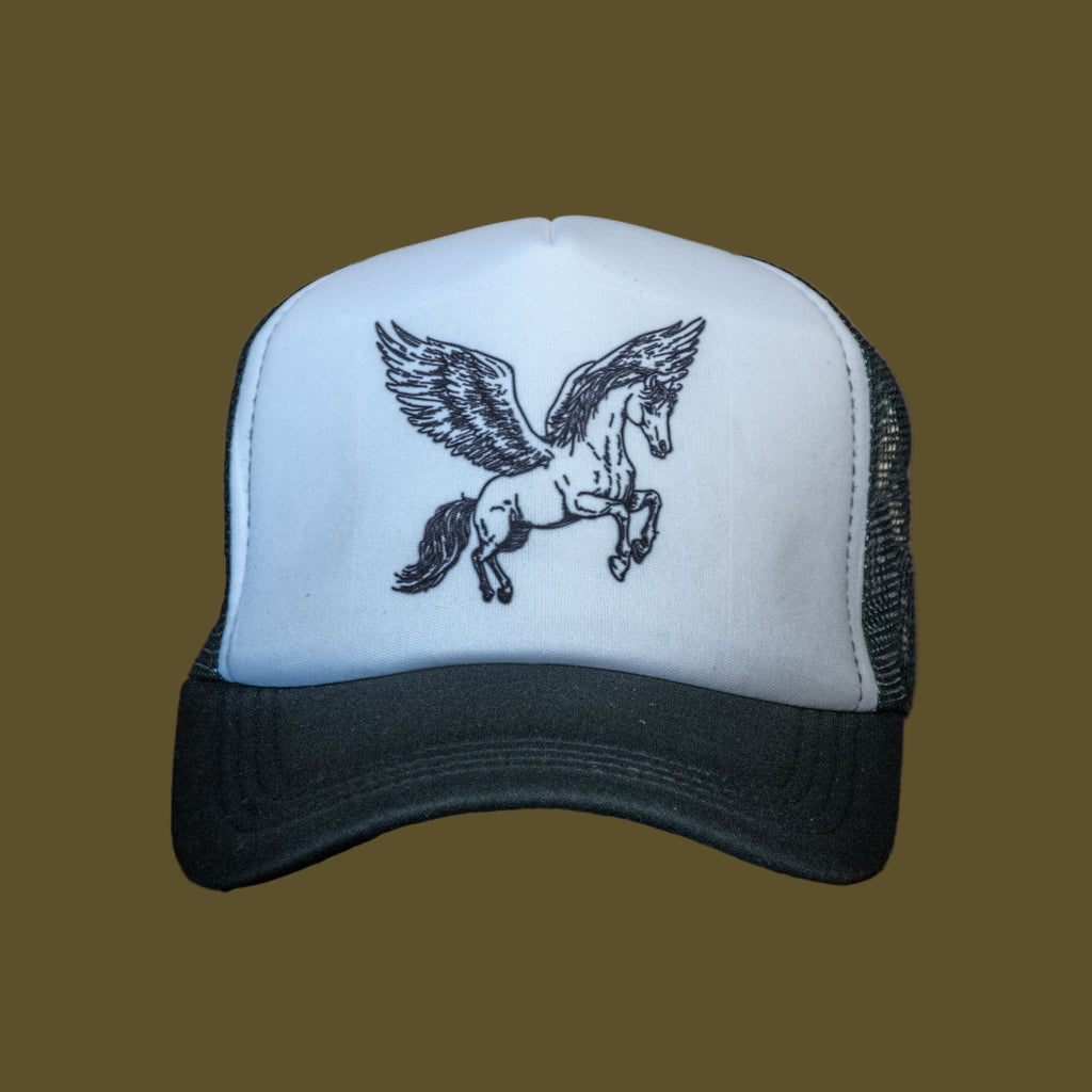 Trucker Hat | Hand Printed | Pegasus | Black