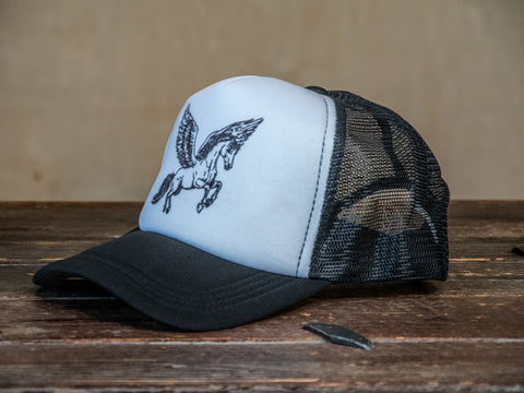 Trucker Hat | Hand Printed | Pegasus | Black