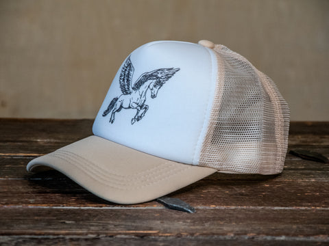 Trucker Hat | Hand Printed | Pegasus | Tan