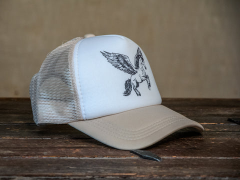 Trucker Hat | Hand Printed | Pegasus | Tan