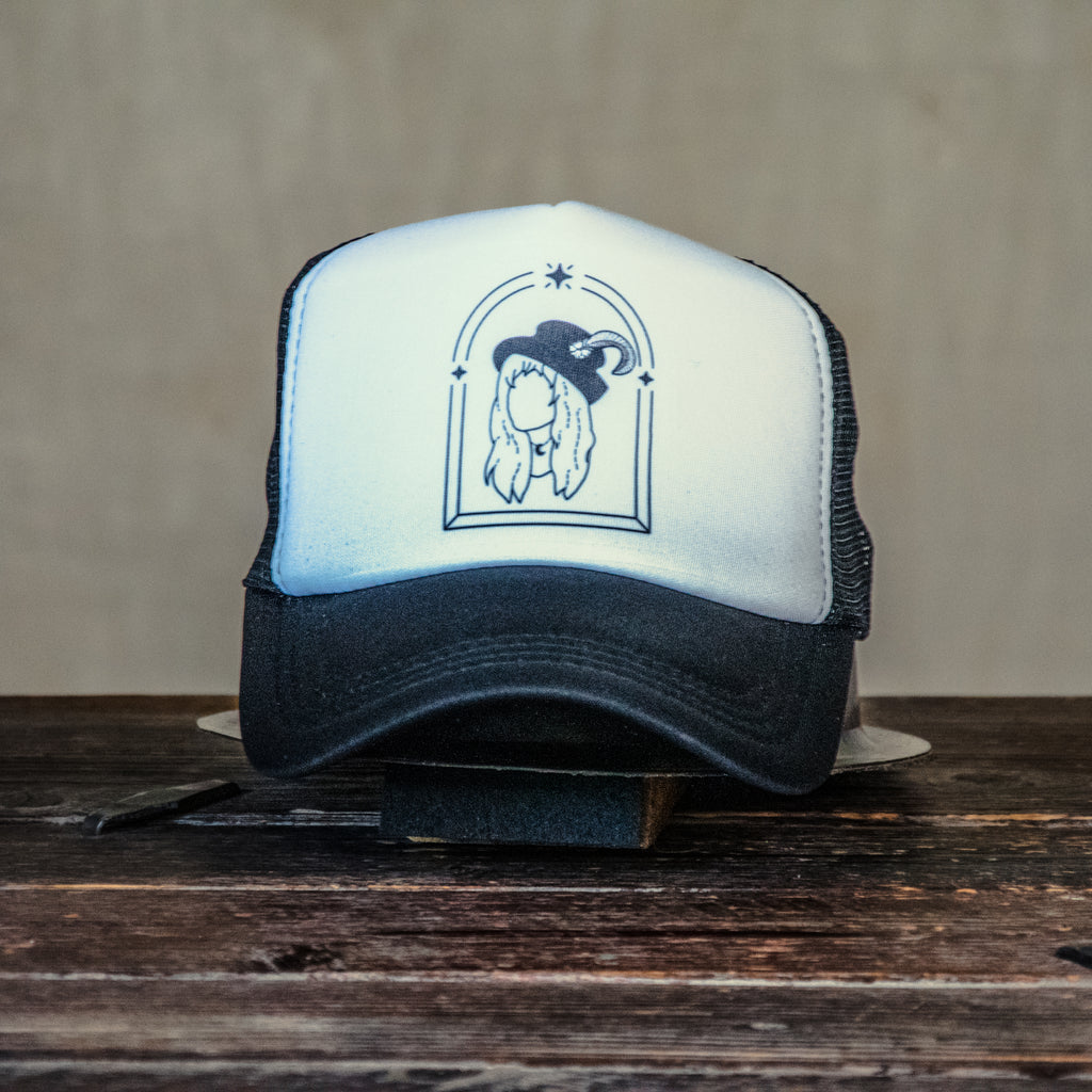 Ready to Ship | Trucker Hat | Hand Printed | Stevie | Black Hat