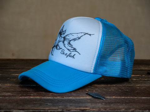 Trucker Hat | Hand Printed | Be a fish | Light Sky