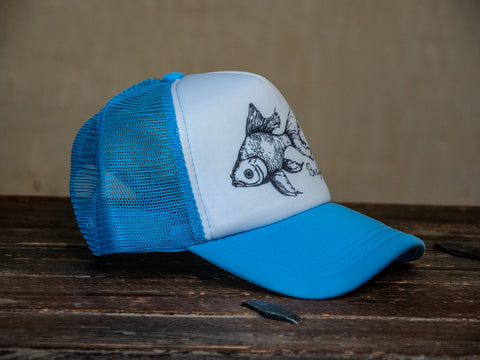 Trucker Hat | Hand Printed | Be a fish | Light Sky
