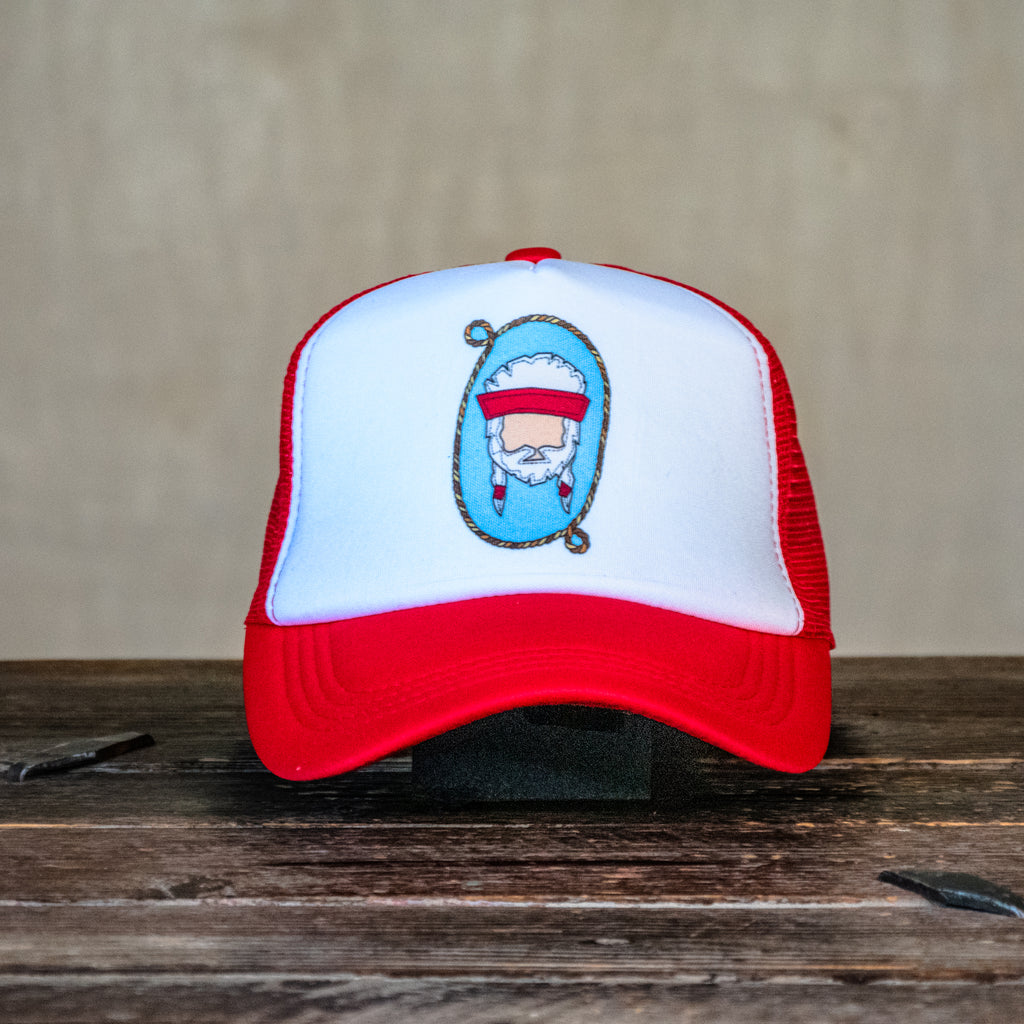 Ready to Ship | Trucker Hat | Hand Printed | Willie with Lasso | Red Hat