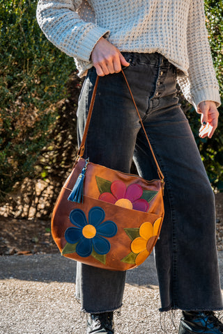 LIMITED RUN Eco-friendly Marie Leather Bag | Curved boho style BOURBON with Tassel | FLOWER POWER BOURBON