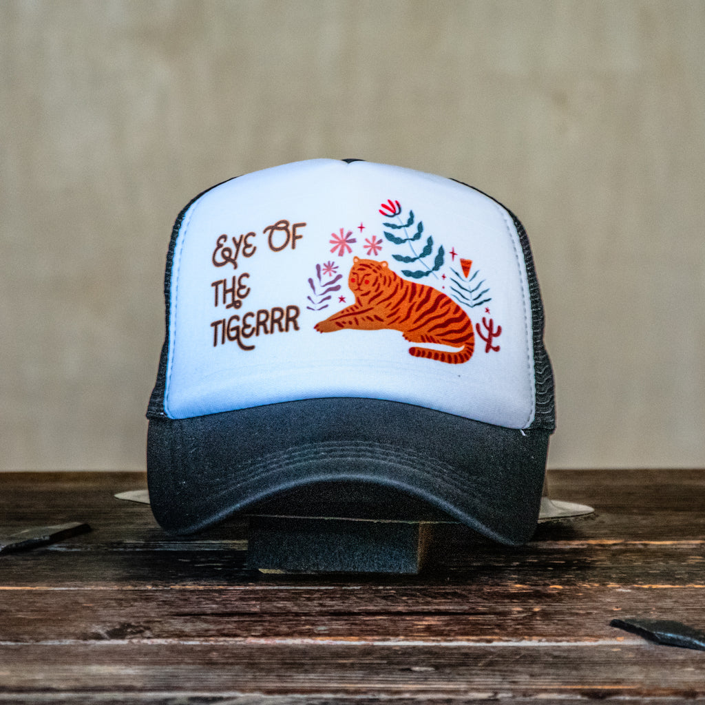 Ready to Ship | Trucker Hat | Hand Printed | Eye of the Tigerrr | Black Hat