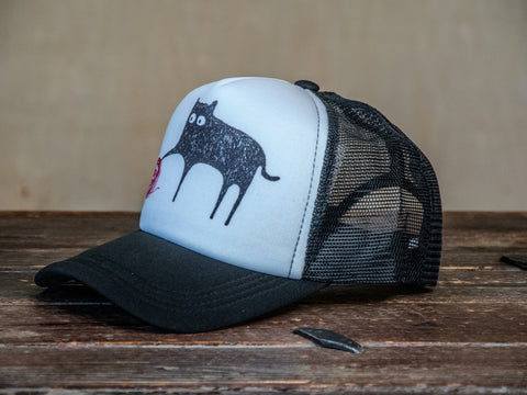 Trucker Hat | Hand Printed | Meow | Black