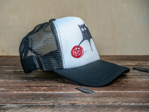Trucker Hat | Hand Printed | Meow | Black