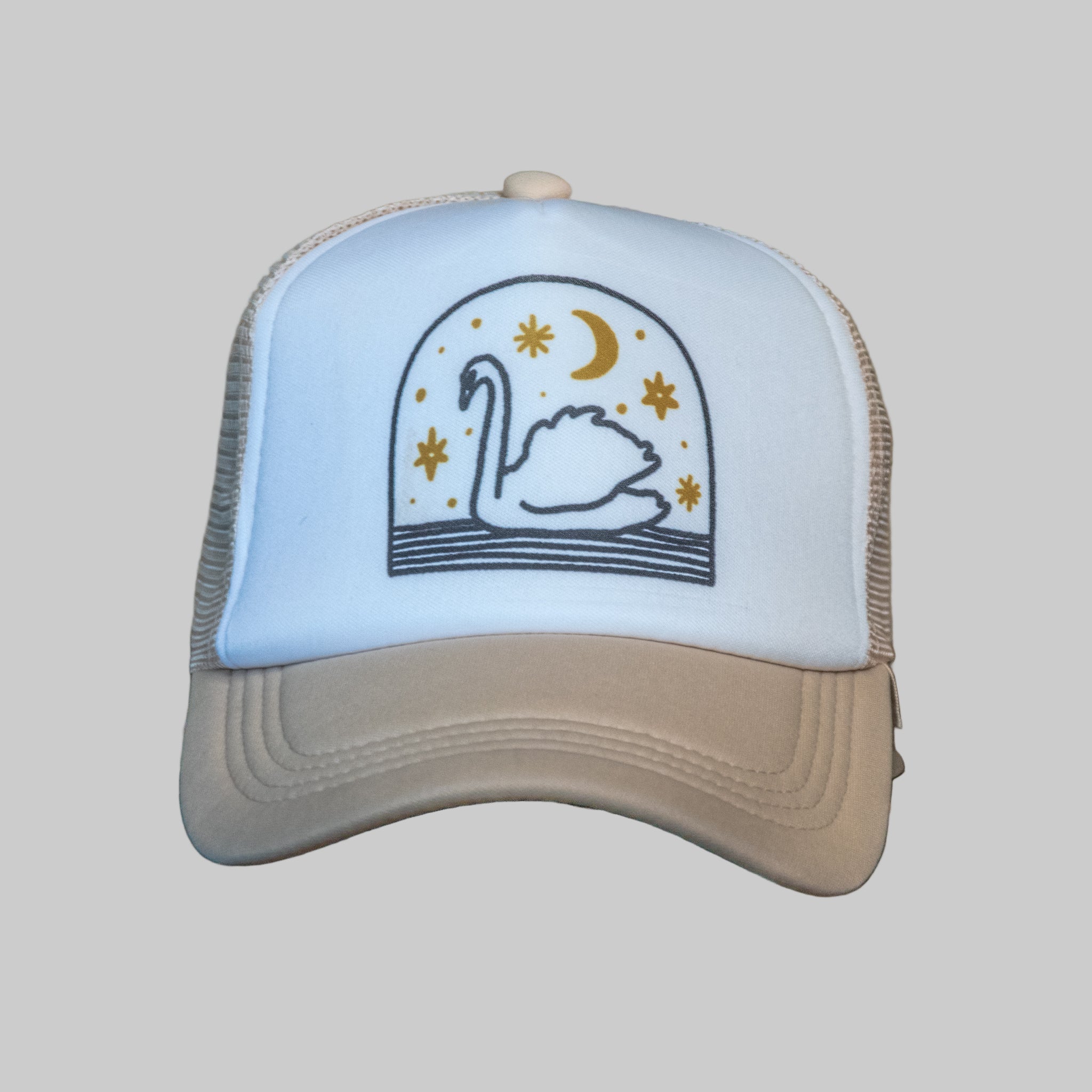 Trucker Hat | Hand Printed | Swim swan swim | Tan