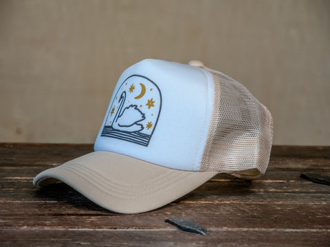 Trucker Hat | Hand Printed | Swim swan swim | Tan