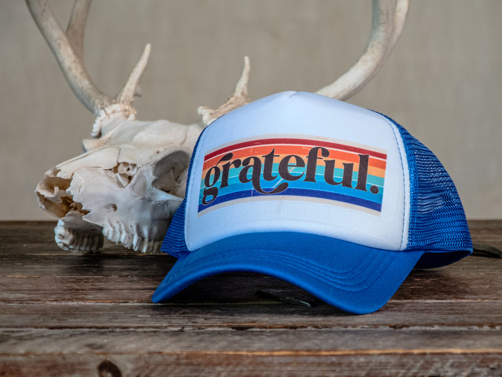 Ready to Ship | Trucker Hat | Hand Printed | Grateful | Blue Hat