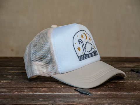 Trucker Hat | Hand Printed | Swim swan swim | Tan