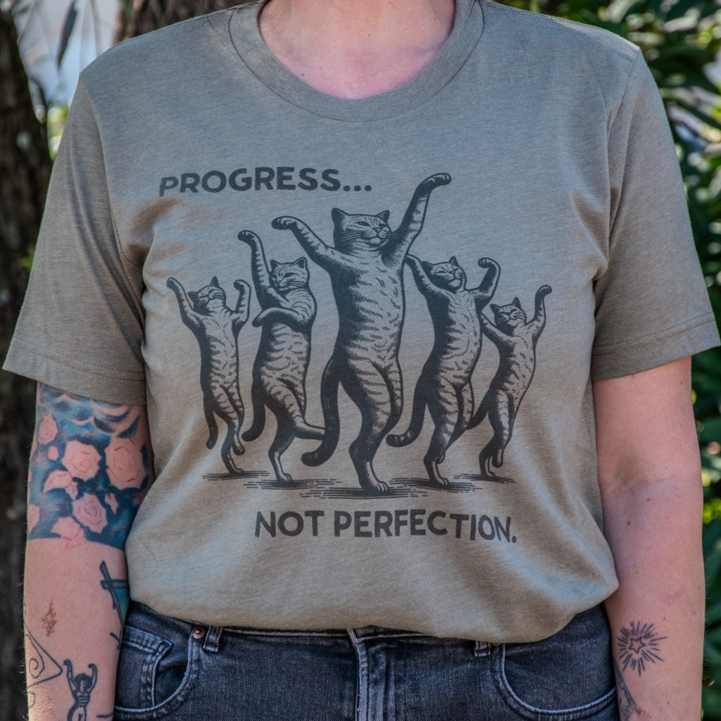Made in USA | T-shirt Unisex | Progress not perfection Cats | Olive