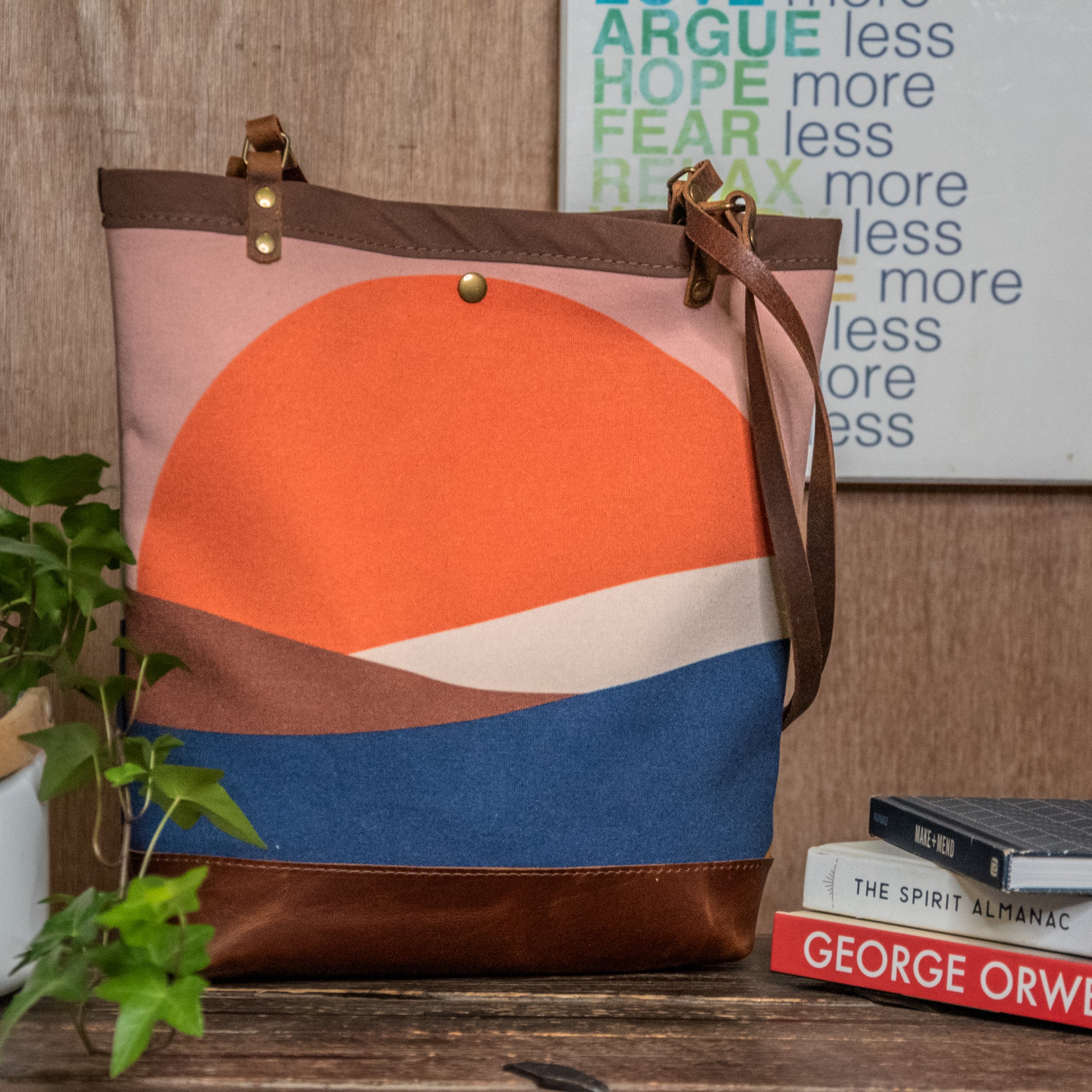 Canvas and Leather Tote Bag Sunrise | Handprinted | In Blue + Camp Blue collab