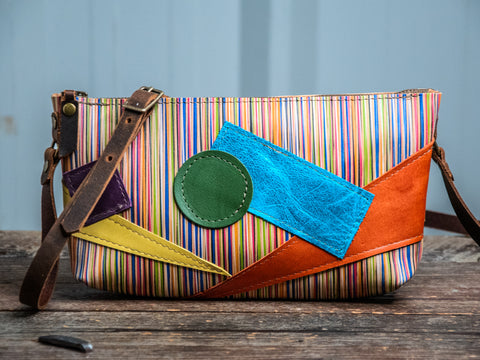 Ready to Ship | Handmade Leather Zipper Purse |  Small Crossbody | 80s geo