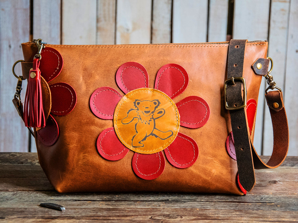 Limited Edition Handmade Leather Tote Bag | Icon Collection | The Grateful Dancing Bear Flower Power Bowler | Medium Bag | Chestnut with Tassel