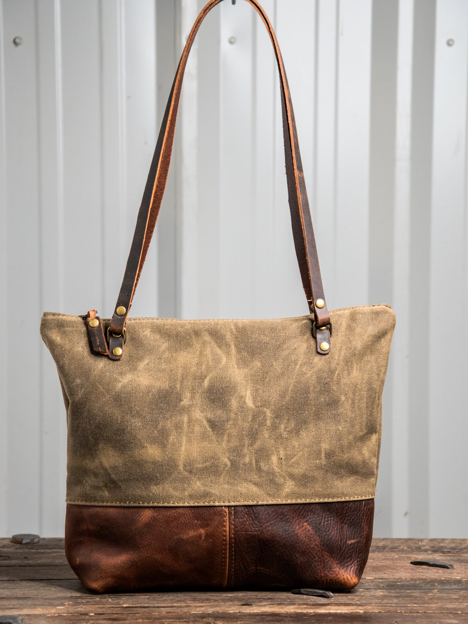 Ready to Ship | Handmade waxed canvas & Leather Tote Bag | Small Classic | Pinstripe Lined