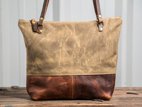 Ready to Ship | Handmade waxed canvas & Leather Tote Bag | Small Classic | Pinstripe Lined