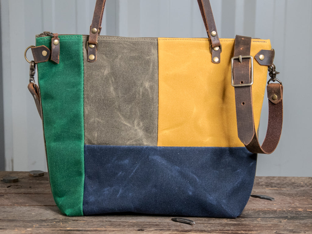 Ready to Ship | Handmade Leather and Waxed Canvas Tote bag | Medium | Four colorway patchwork