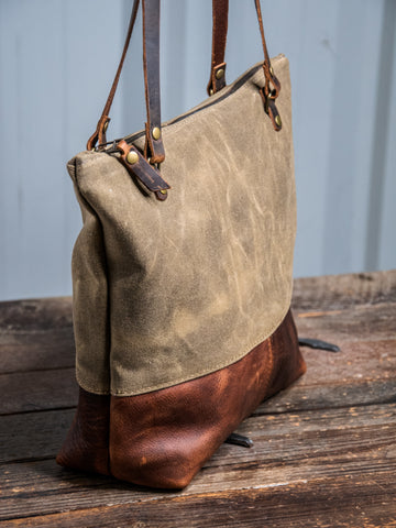 Ready to Ship | Handmade waxed canvas & Leather Tote Bag | Small Classic | Pinstripe Lined