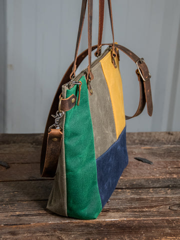 Ready to Ship | Handmade Leather and Waxed Canvas Tote bag | Medium | Four colorway patchwork