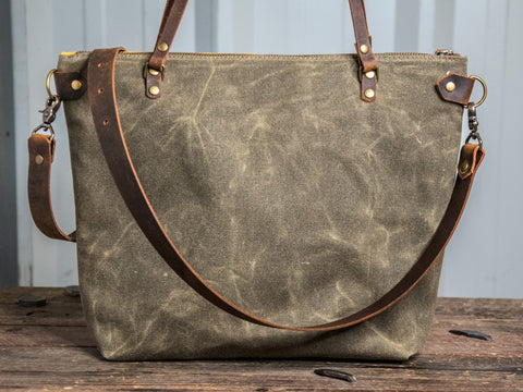 Ready to Ship | Handmade Leather and Waxed Canvas Tote bag | Medium | Four colorway patchwork