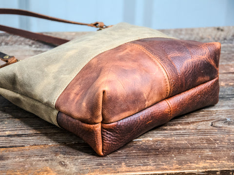 Ready to Ship | Handmade waxed canvas & Leather Tote Bag | Small Classic | Pinstripe Lined