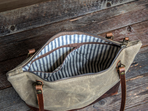 Ready to Ship | Handmade waxed canvas & Leather Tote Bag | Small Classic | Pinstripe Lined