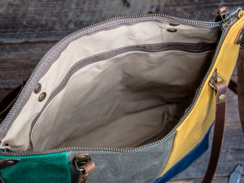 Ready to Ship | Handmade Leather and Waxed Canvas Tote bag | Medium | Four colorway patchwork