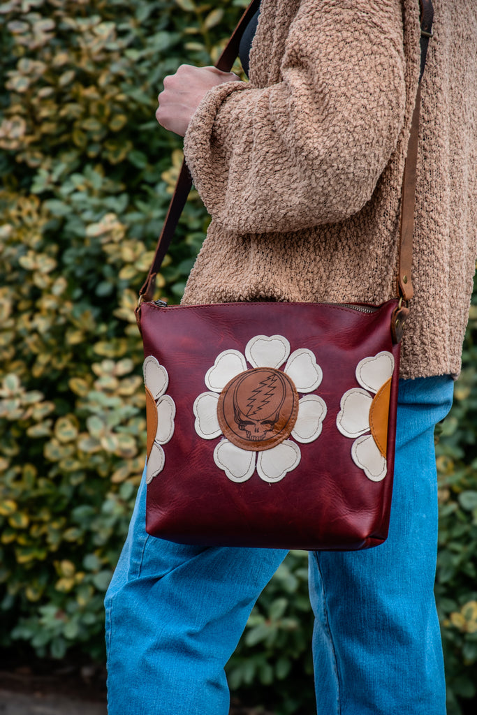 LIMITED EDITION Leather Tote Bag | Icon Collection | Grateful Merlot Flower Power Tote
