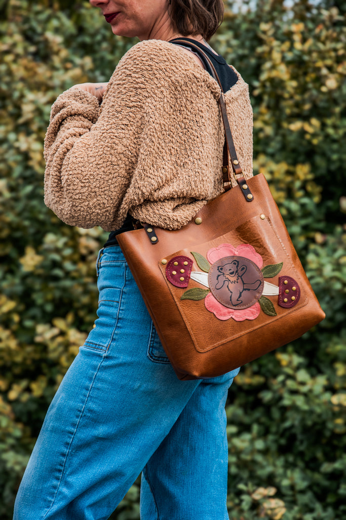 LIMITED EDITION Leather Tote Bag | Icon Collection | Grateful Dancing Bear Mushroom Applique Tote