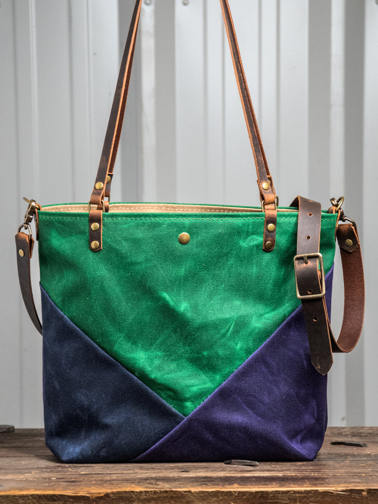 Ready to Ship | Handmade Waxed Canvas & Leather Tote Bag | Small Classic | Navy Emerald Eggplant colorway